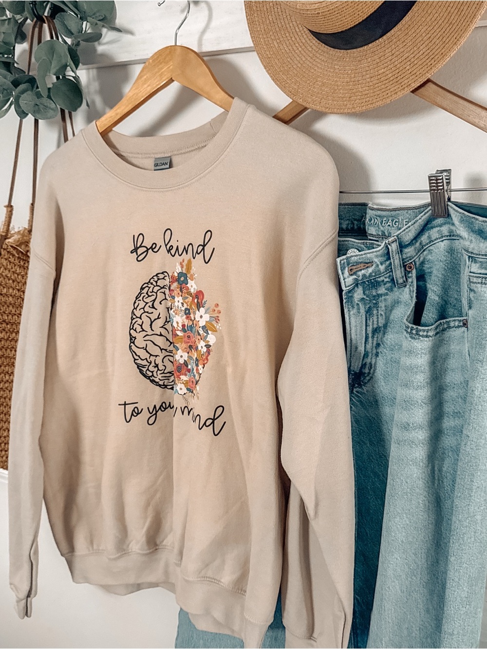 Gildan Beige Crewneck "Be Kind to Your Mind" Floral Brain Sweatshirt